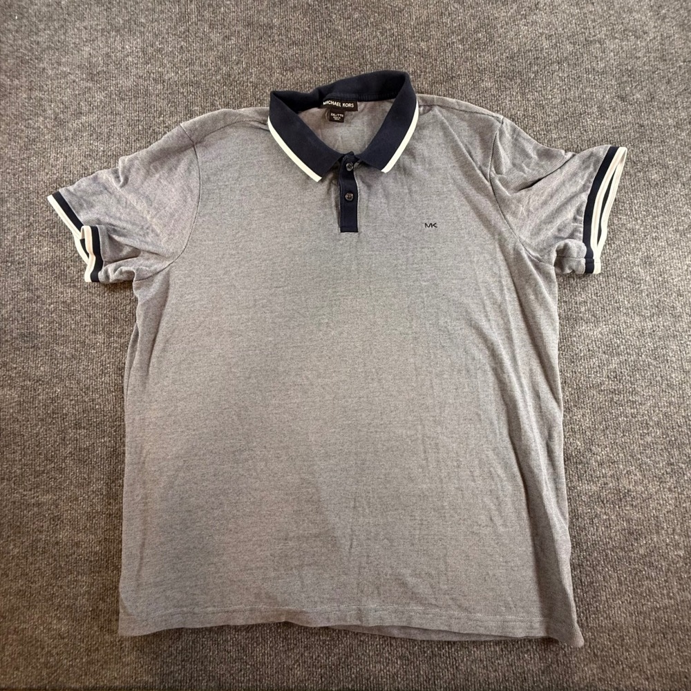 Michael Kors Mens XXL Gray Pique Polo Shirt Navy Tipped Collar Short Sleeve MK